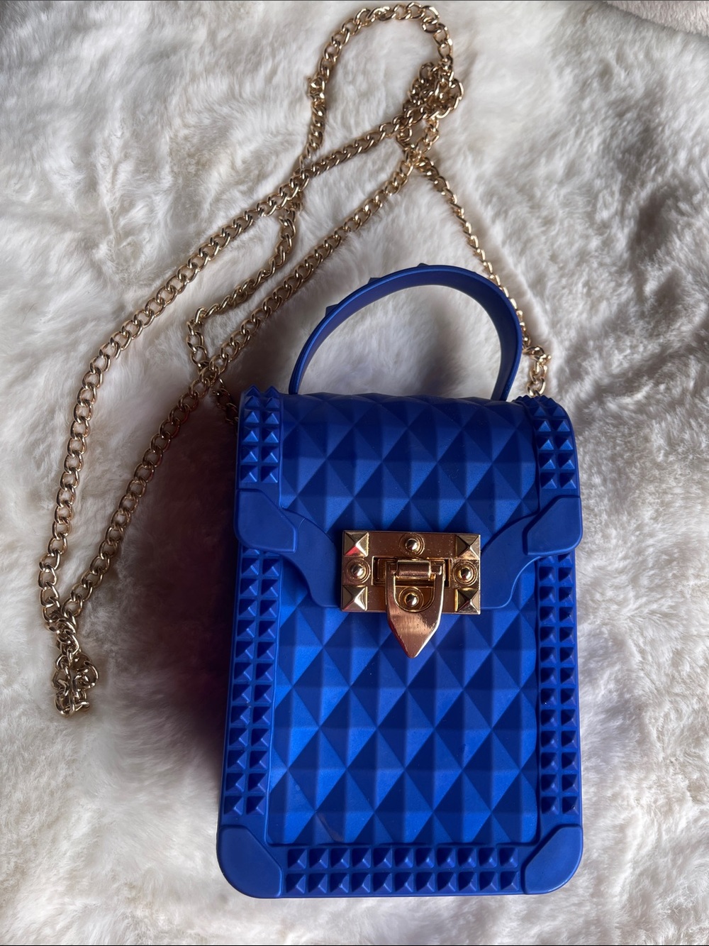 Blue Studded Mini Crossbody Bag with Gold Lock